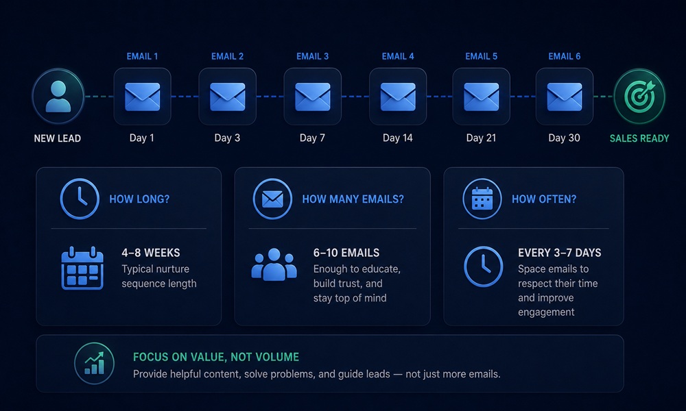 B2B nurture sequences how long, how many emails, how often