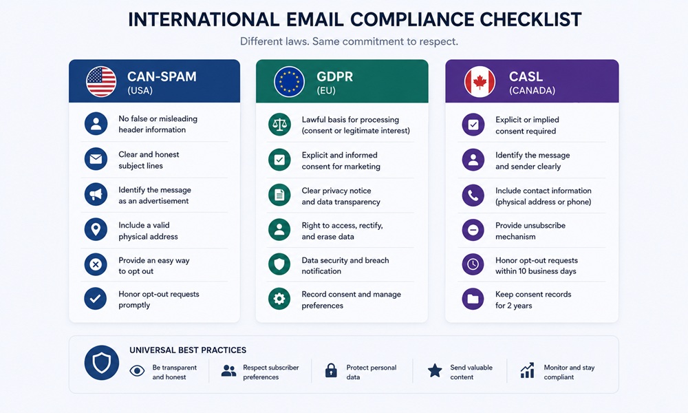 CAN-SPAM, GDPR, CASL a compliance checklist for international email